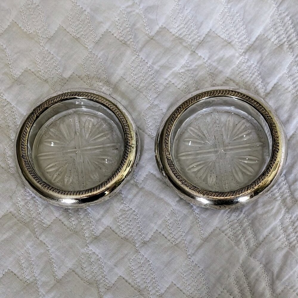 F.B. Rogers Silver Co. Set Of 2 Sterling Crystal Sunburst Drink Coaster Plates
